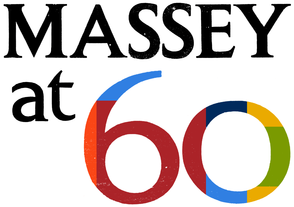 Massey College 60th anniversary logo. The numbers 60 are coloured with the same colours found in our new logo (blue, orange, red, dark blue, yellow and green)