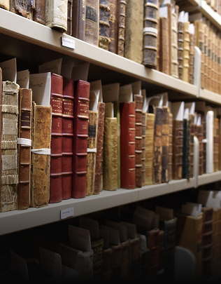 Books on the shelves of the Robertson Davies Library